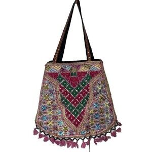 Embroidery Boho Tote Purse Colorful Shoulder Strap Tassel Bag With Zipper Lined